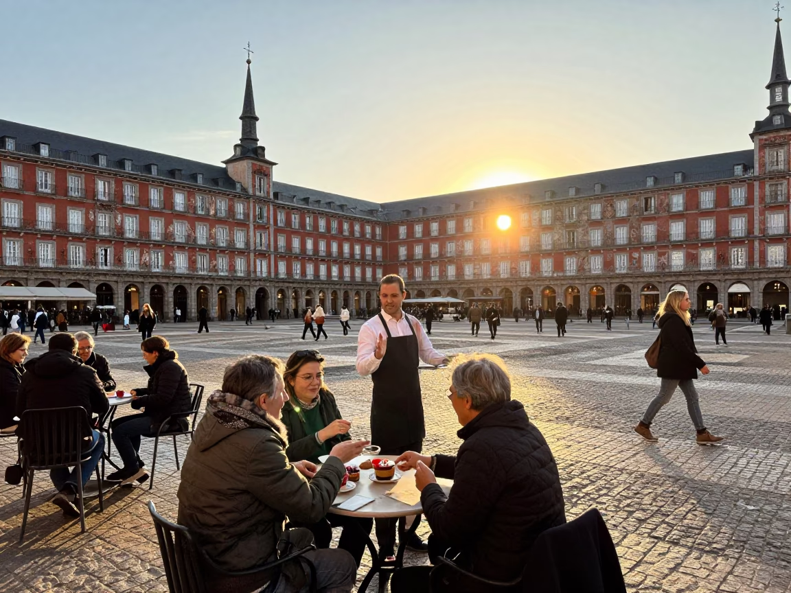 Plaza Scene in Madrid at Sunset Light in in Madrid, Spain