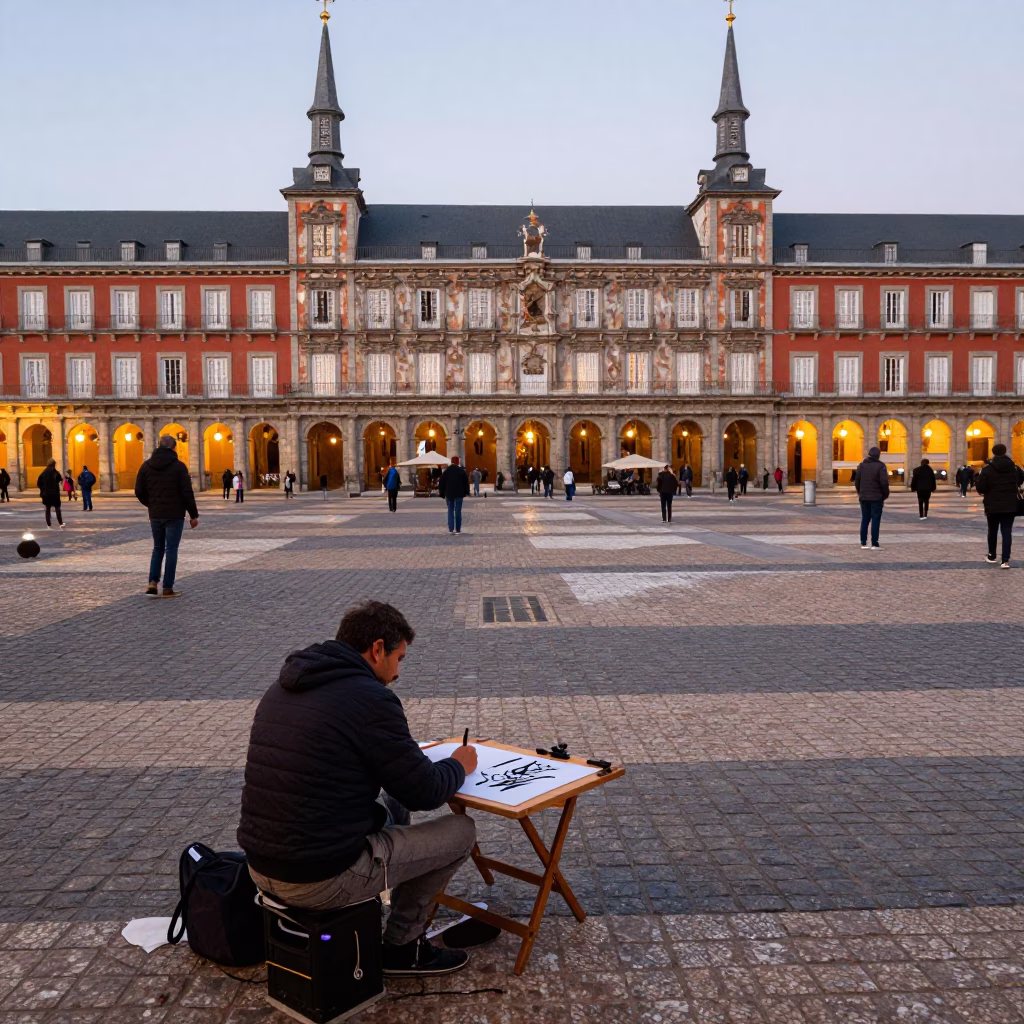 Plaza Scene in Madrid at The Early Evening Light in in Madrid, Spain