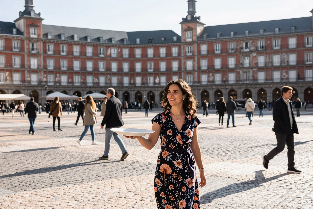 Plaza Scene in Madrid at The Late Morning Light in in Madrid, Spain