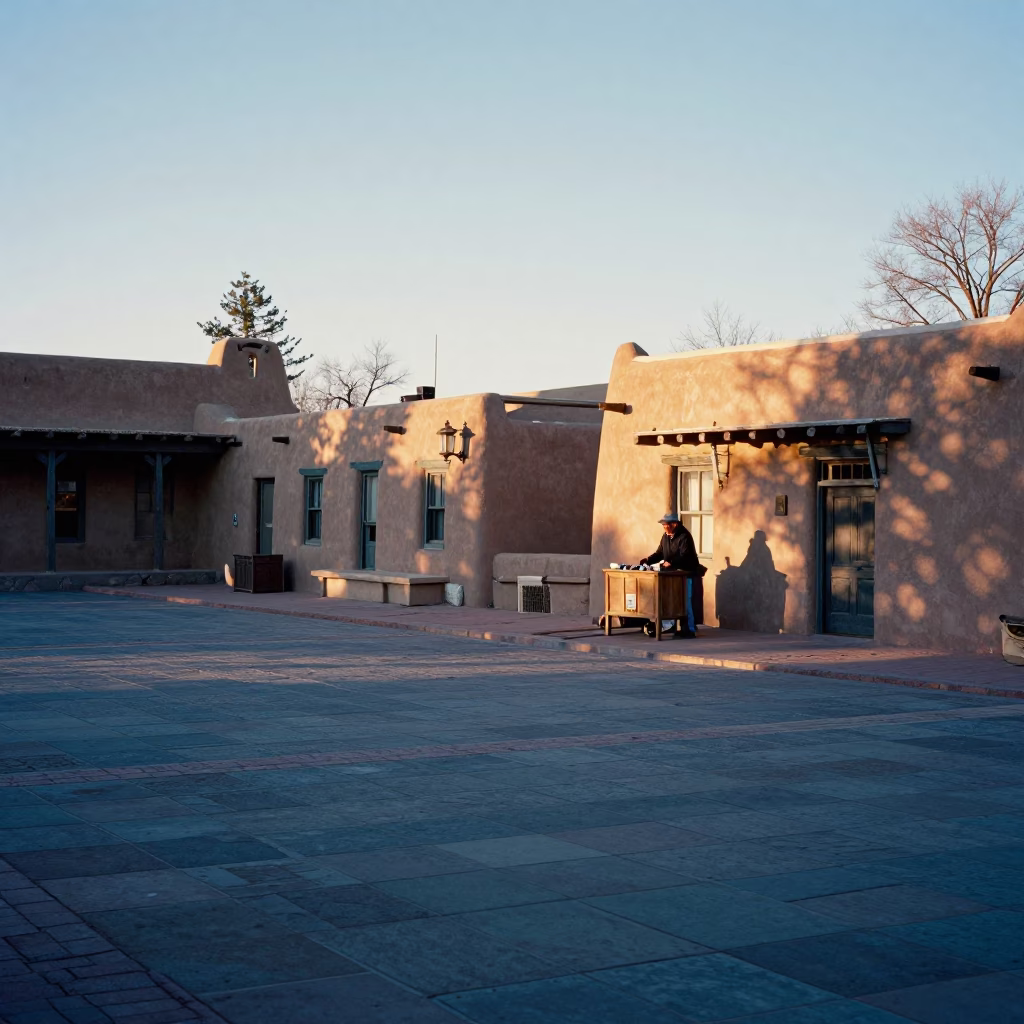 Plaza Scene in Santa Fe at Sunrise Light in in Santa Fe, New Mexico, United States