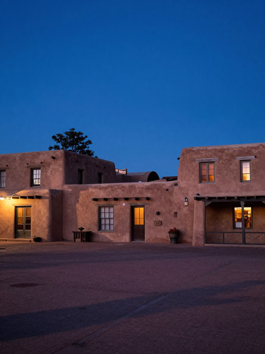 Plaza Scene in Santa Fe at The Last Blue Light Of Evening in in Santa Fe, New Mexico, United States
