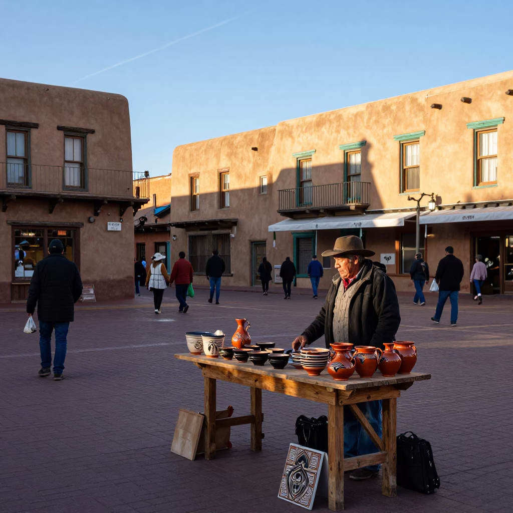 Plaza Scene in Santa Fe at The Late Morning Light in in Santa Fe, New Mexico, United States