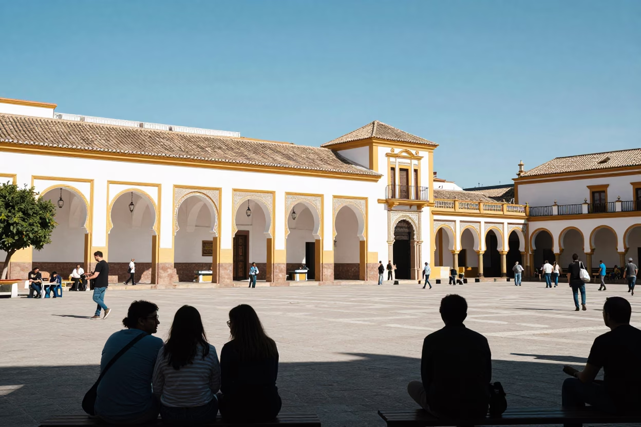Plaza Scene in Seville at The Flat Glare Of Noon Light in in Seville, Spain