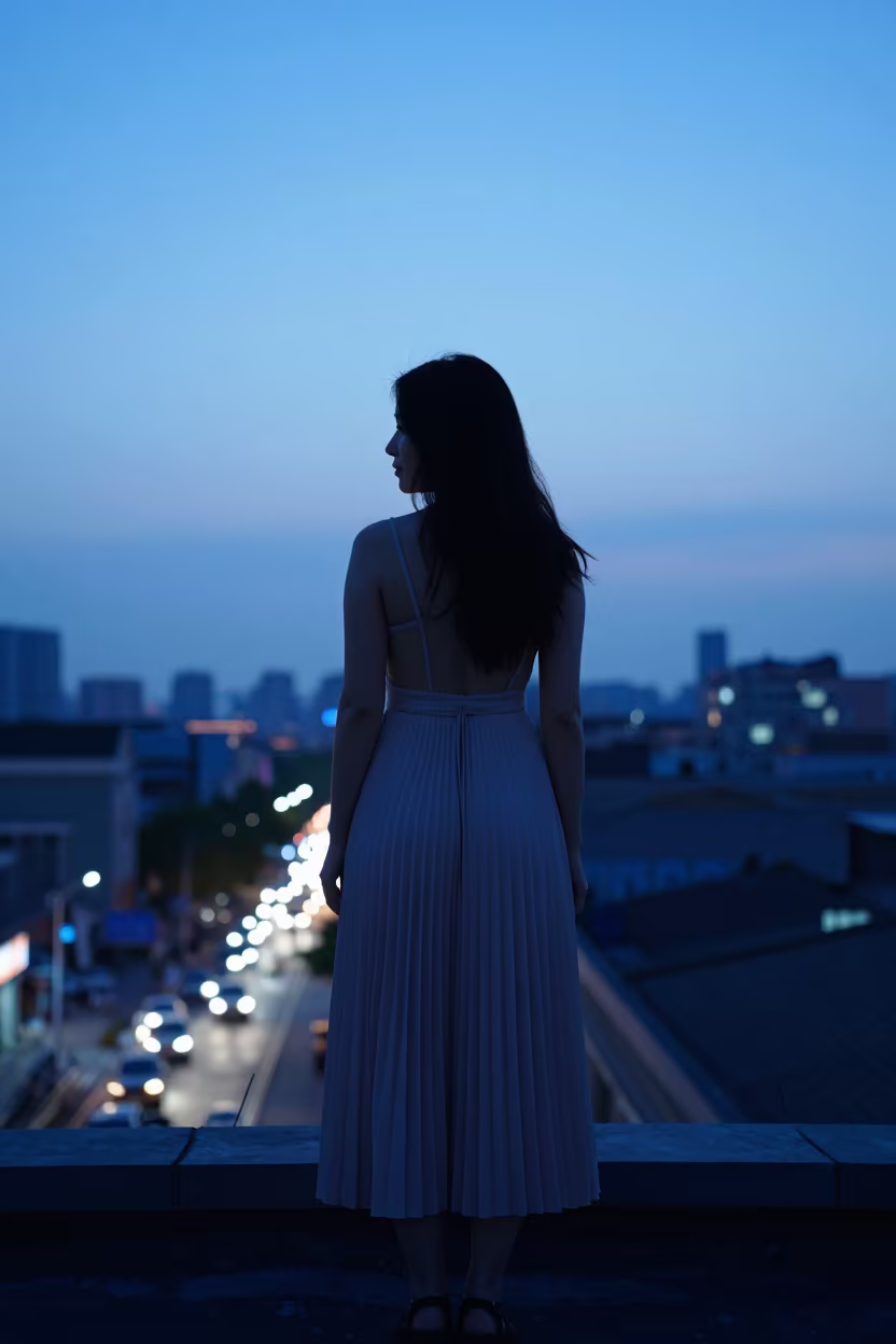 Pleated Dress Silhouette on Ningbo Rooftop in on a rooftop above evening traffic in Ningbo