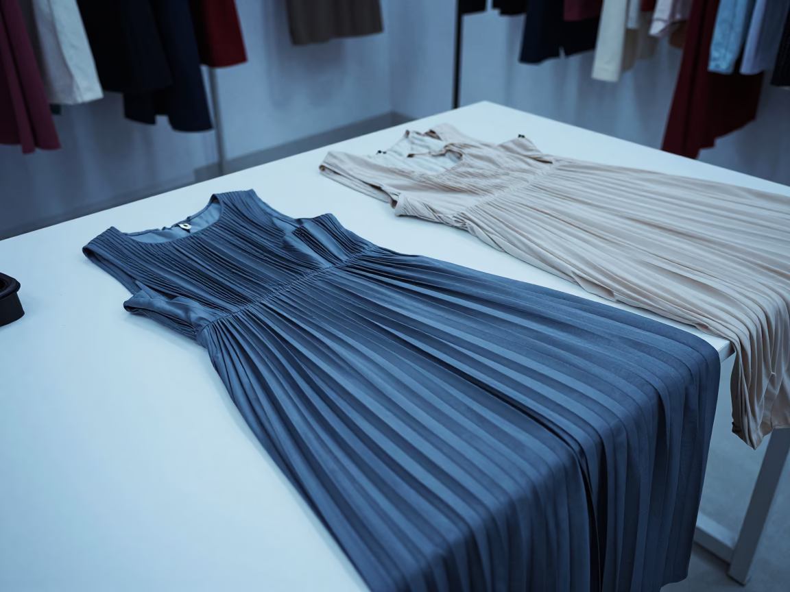 Pleated Dress Textures in Cool Blue Hour Studio in inside a minimalist showroom near Ghaziabad