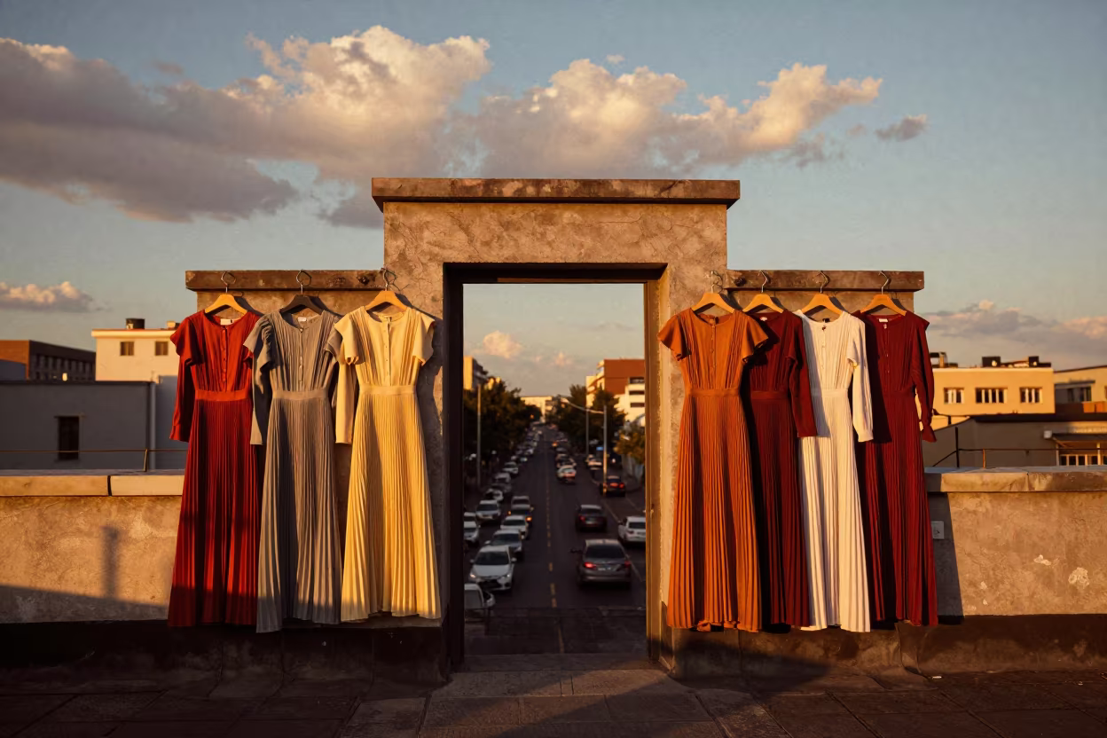 Pleated Dresses in Amber Light on Anyang Rooftop in on a rooftop above evening traffic in Anyang
