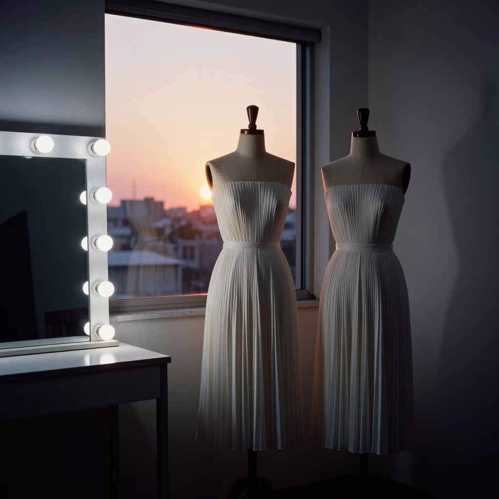 Pleated Dresses on Atelier Form in Douala in beside a mirror lined with makeup bulbs in Douala
