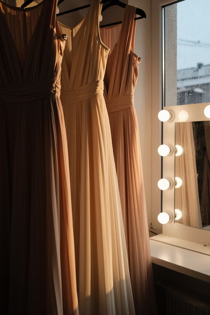 Pleated Dresses Backstage Sarajevo Golden Light in beside a mirror lined with makeup bulbs in Sarajevo
