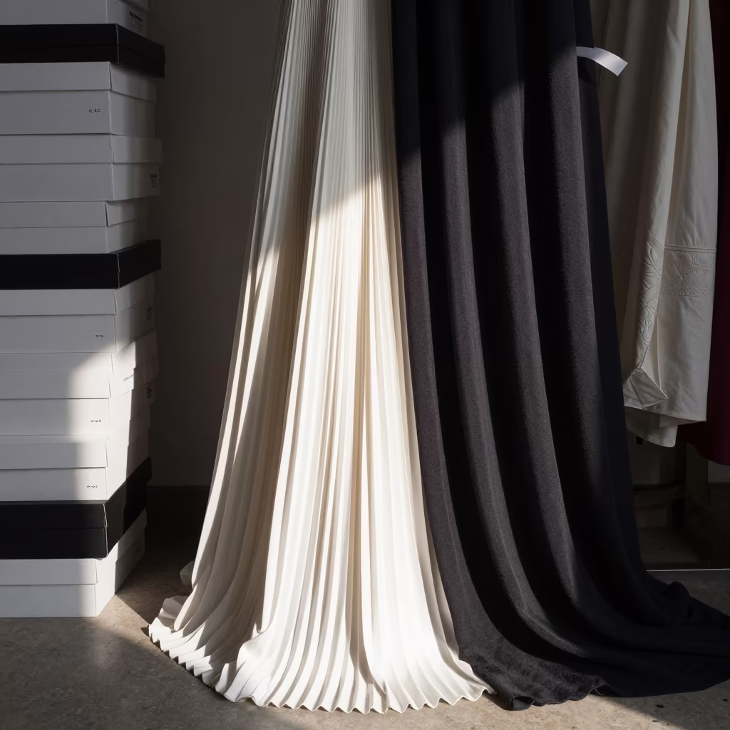 Pleated Dresses Behind Curtain in Atelier Light in inside a couture atelier near Chittagong