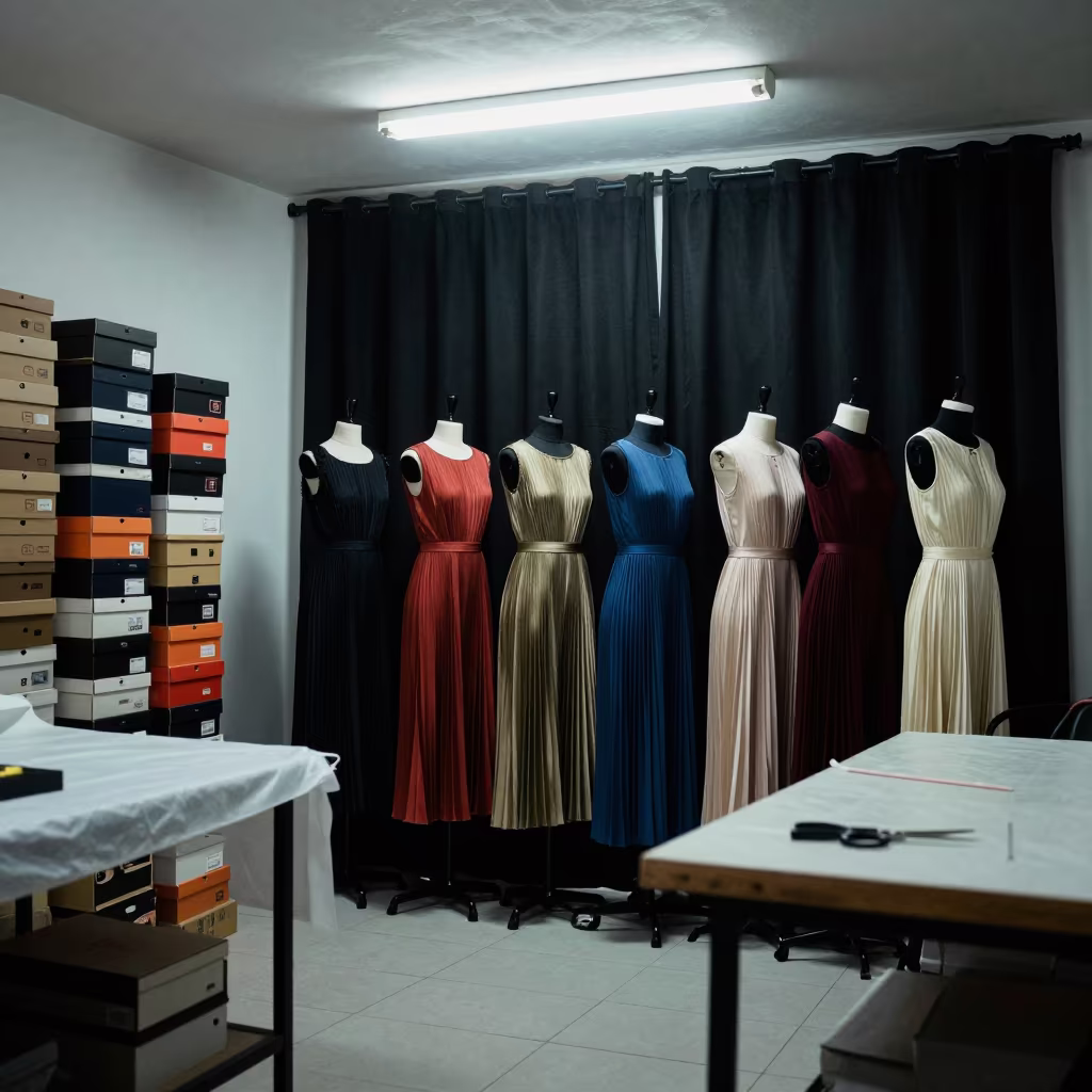 Pleated Dresses Behind Curtain in Yogyakarta Tailor Shop in at a tailoring table strewn with chalk and shears in Yogyakarta