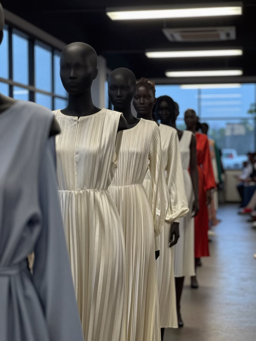 Pleated Dresses Under Fluorescent Runway Lights in under runway rehearsal lights near Iseyin