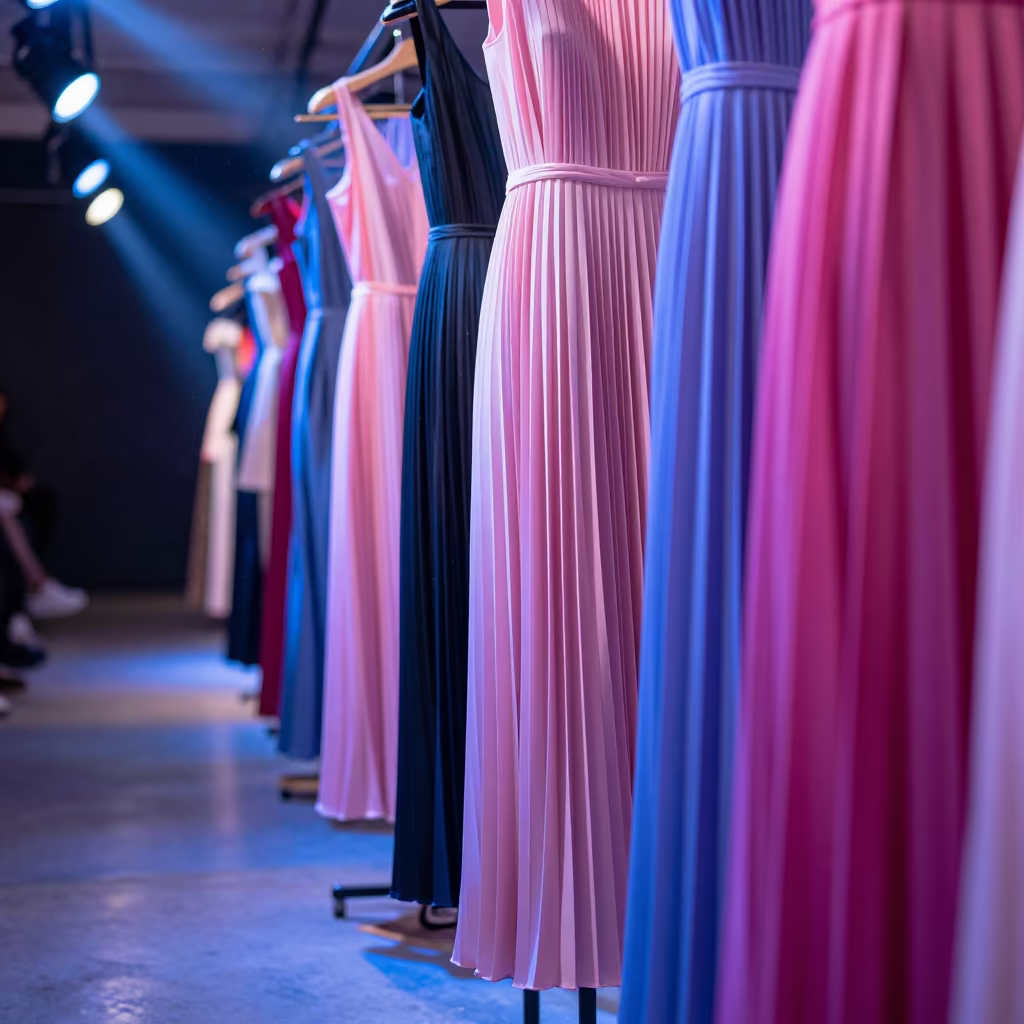 Pleated Dresses in Neon After Rain in under runway rehearsal lights in East London