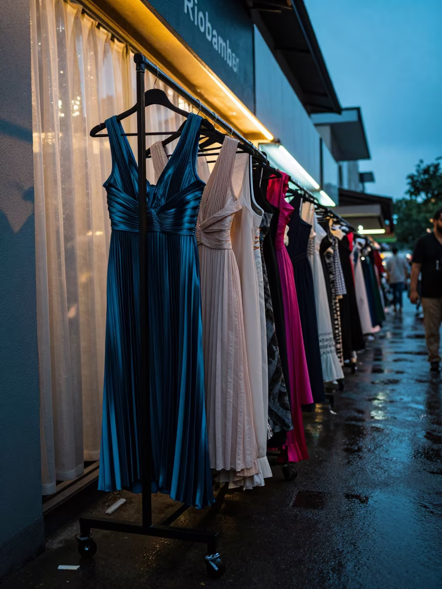 Pleated Dresses in Neon Arcades After Rain in along a neon-lit arcade in Riobamba