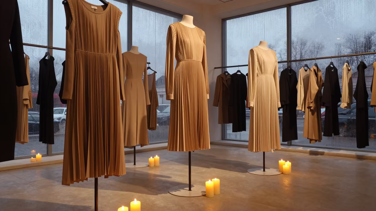 Pleated Dresses in Pyongyang Showroom Light in inside a minimalist showroom in Pyongyang