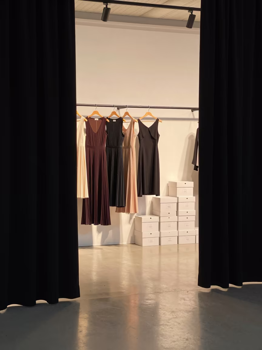 Pleated Dresses on Runway in Oslo Summer Light in under runway rehearsal lights in Oslo