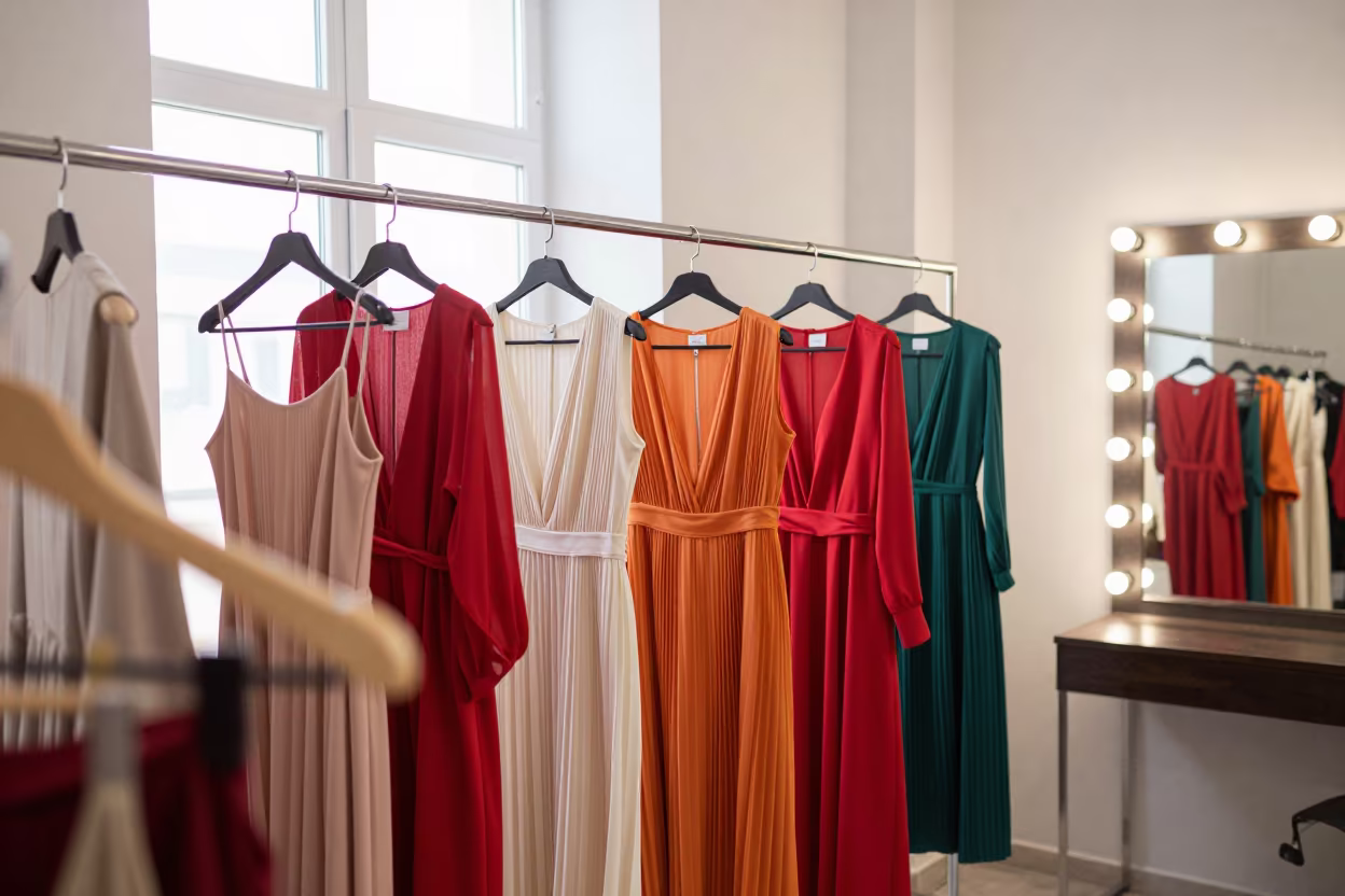 Pleated Dresses in Soft Light Near Tashkent Mirror in beside a mirror lined with makeup bulbs near Tashkent