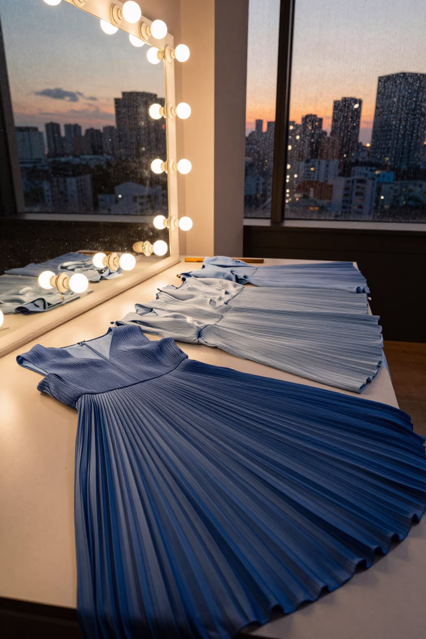 Pleated Dresses on Tailor Table in Aba Sunset Light in beside a mirror lined with makeup bulbs near Aba