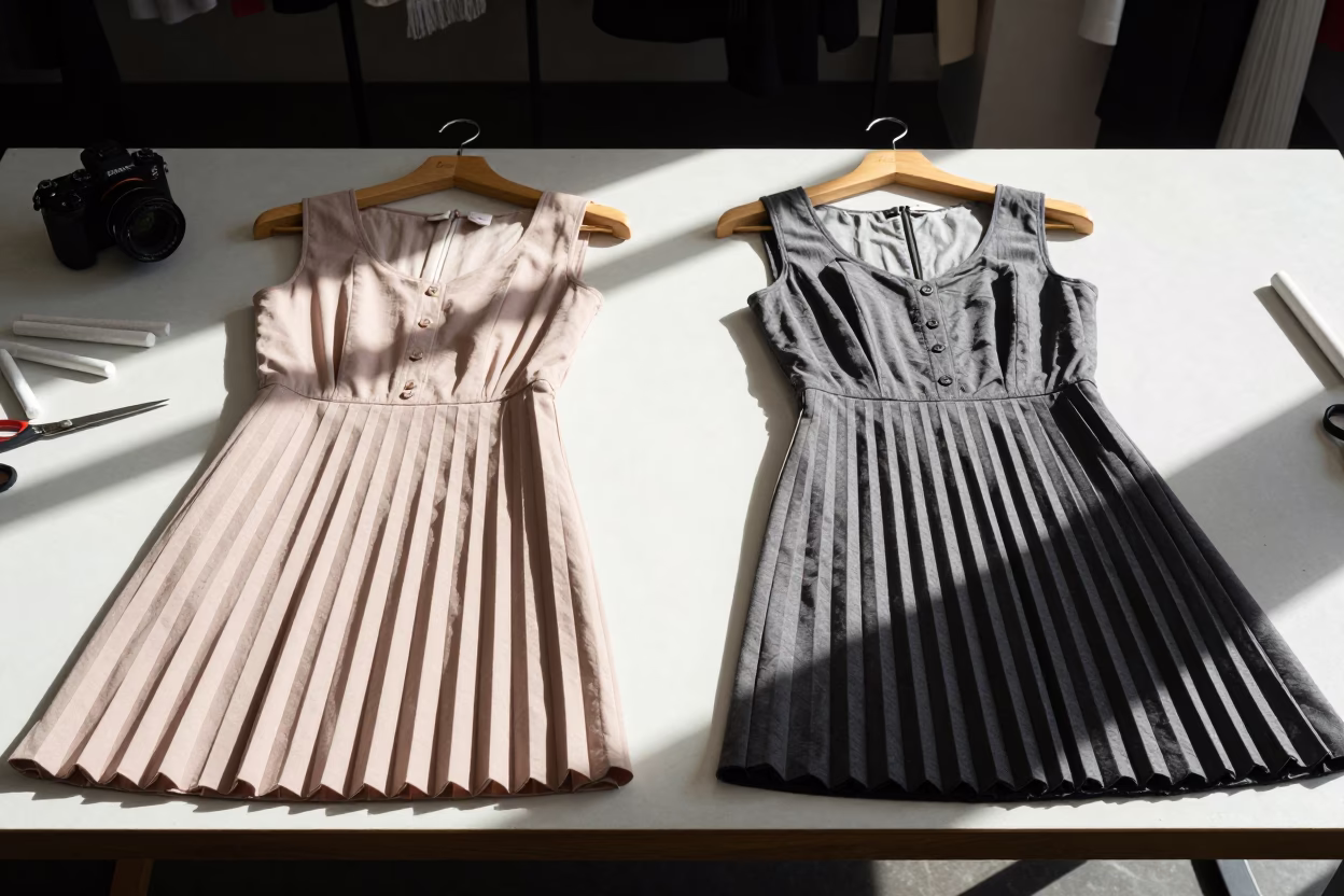 Pleated Dresses on Tailor Table in Melbourne in at a tailoring table strewn with chalk and shears in Degraves Street, Melbourne