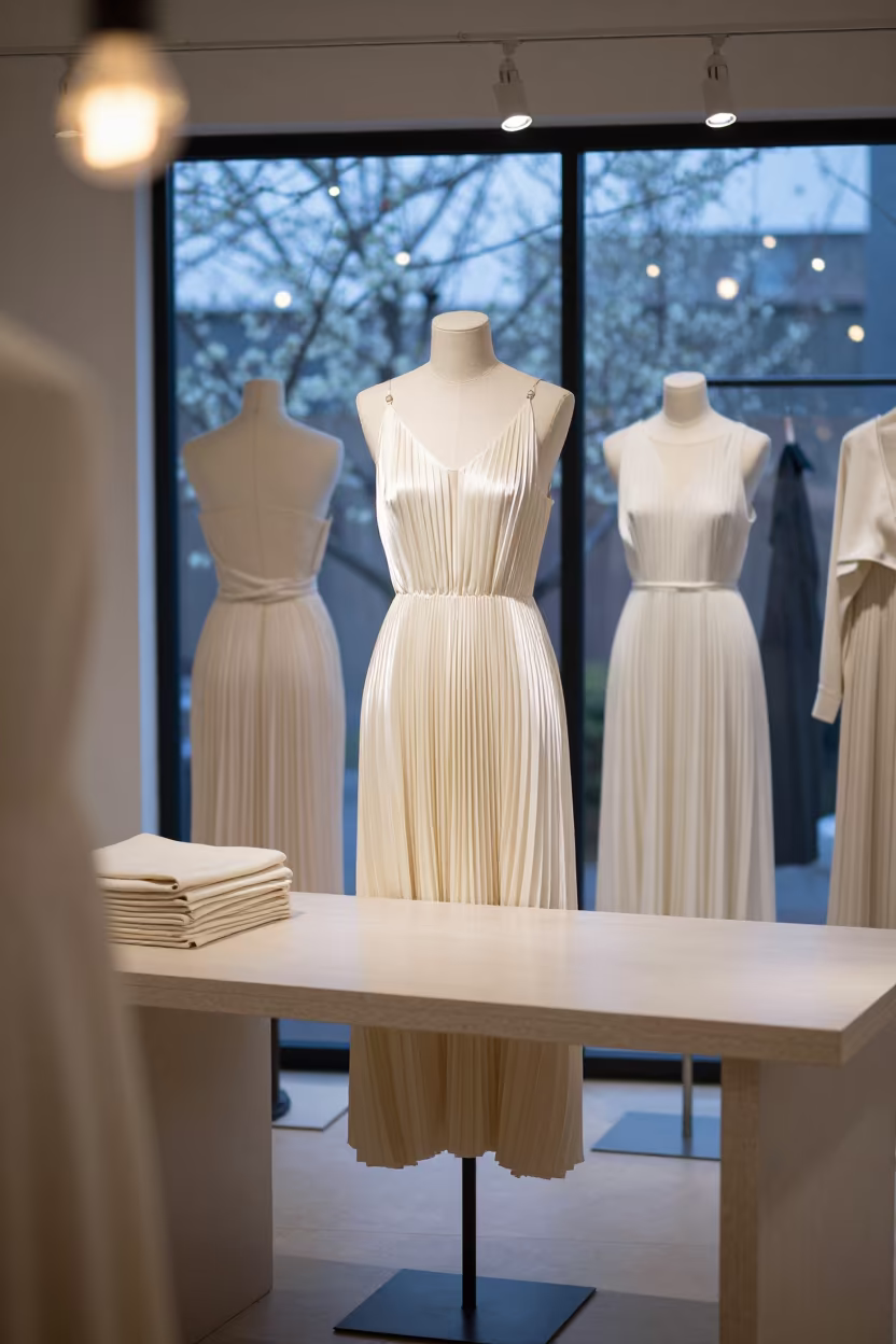 Pleated Dresses on Tailor Table in Nara Showroom in inside a minimalist showroom near Nara