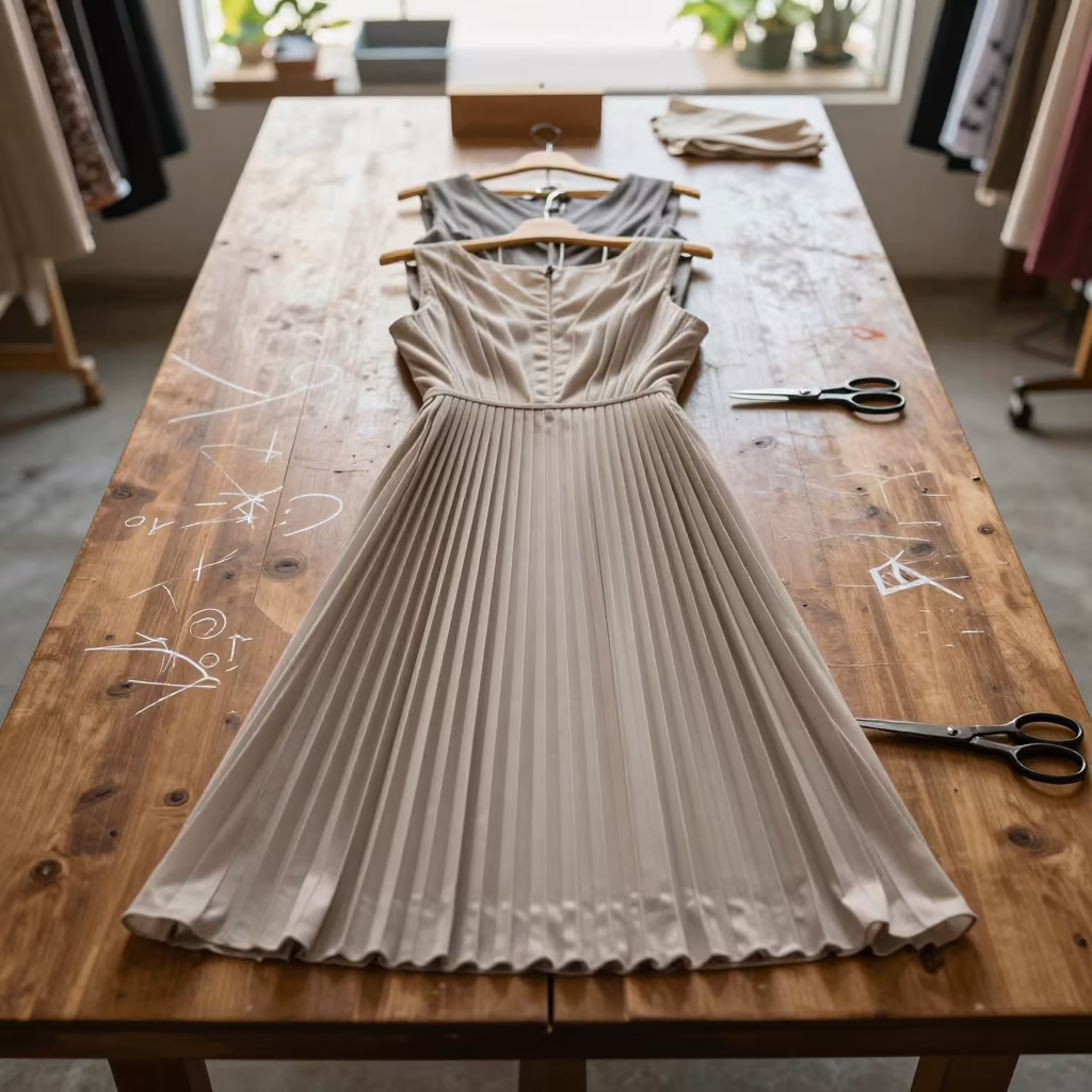 Pleated Dresses on Tailoring Table Cebu in at a tailoring table strewn with chalk and shears in Cebu