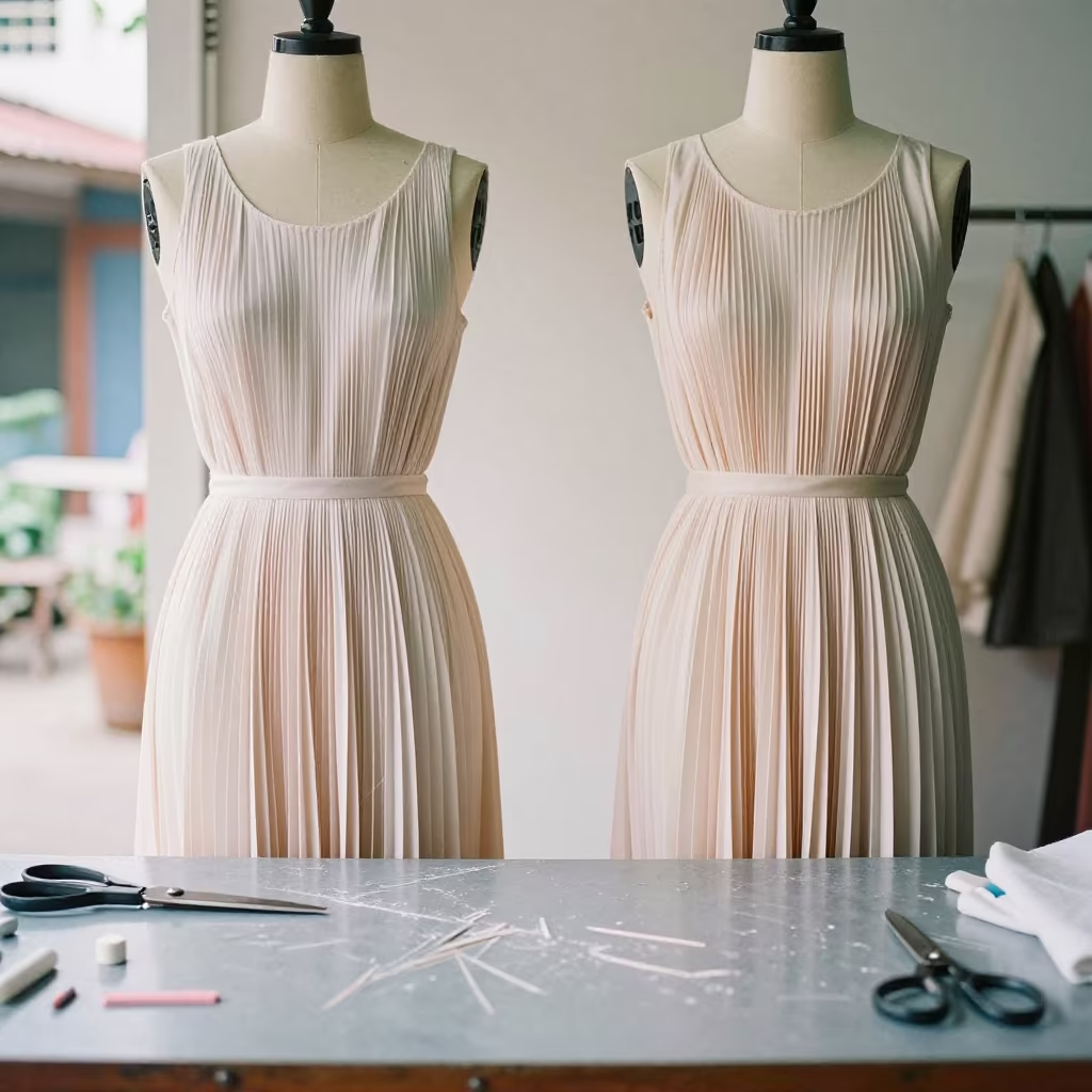 Pleated Dresses on Tailoring Table Haiphong in at a tailoring table strewn with chalk and shears in Haiphong