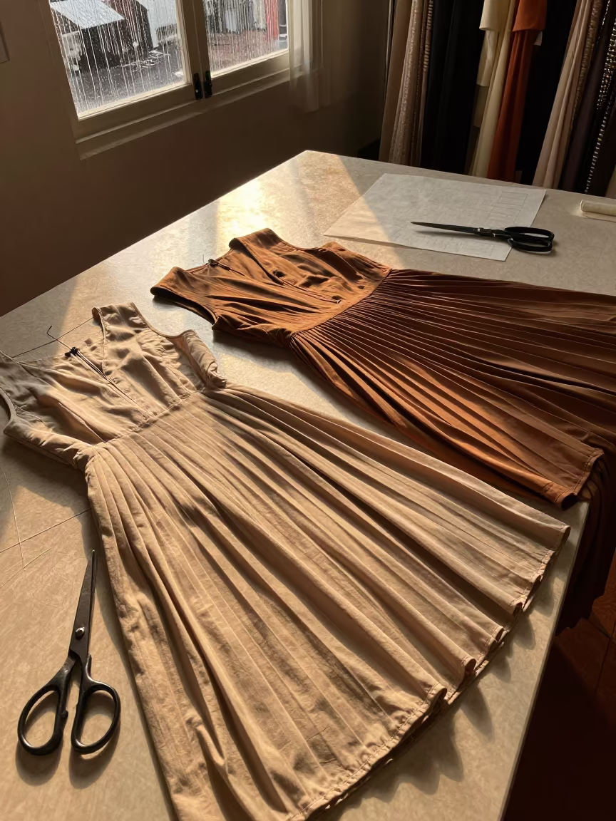 Pleated Dresses on Tailoring Table in Malacca in at a tailoring table strewn with chalk and shears in Malacca