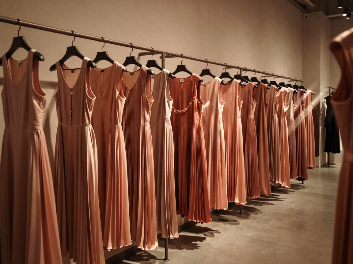 Pleated Dresses in Tianjin Showroom in inside a minimalist showroom in Tianjin