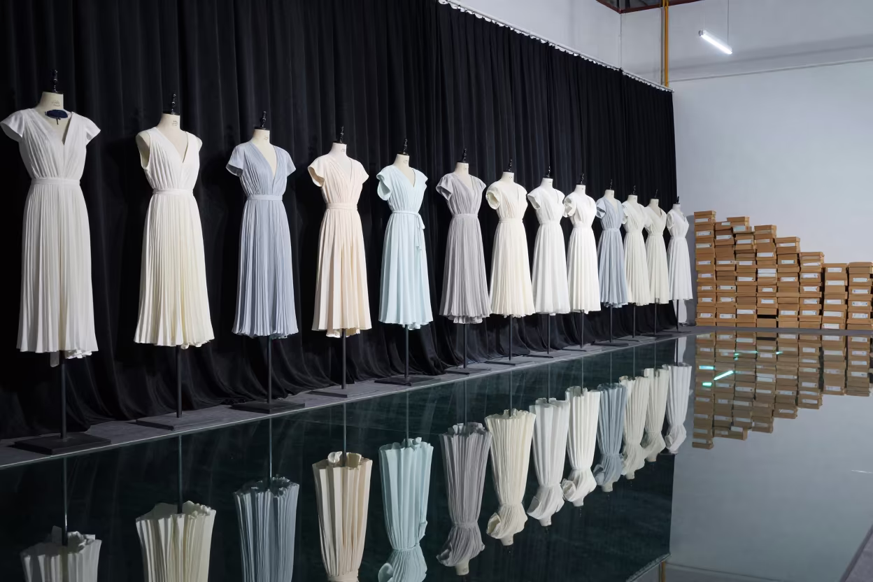 Pleated Dresses on Water Runway in under runway rehearsal lights in Nanning