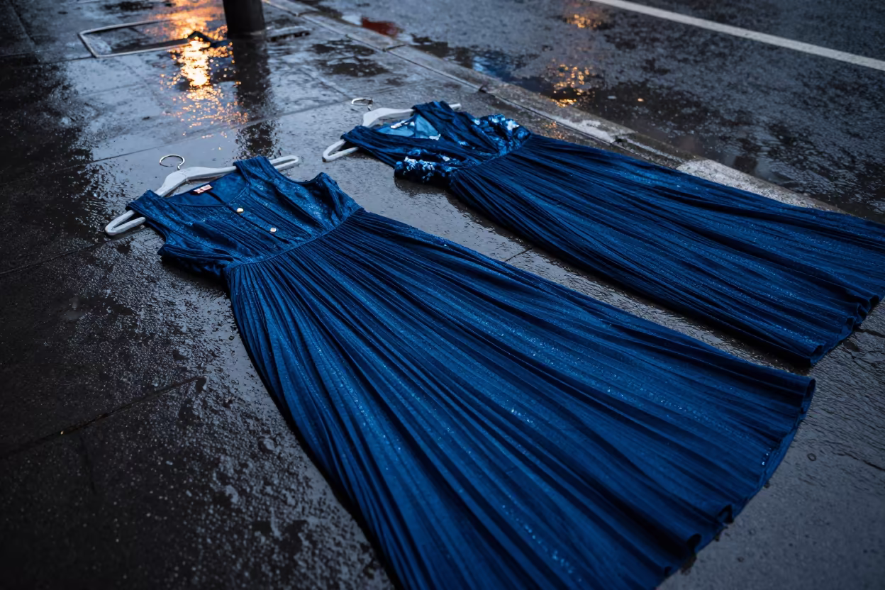 Pleated Dresses on Wet Sidewalk Twilight in on a rain-darkened city sidewalk in Bandar Lampung