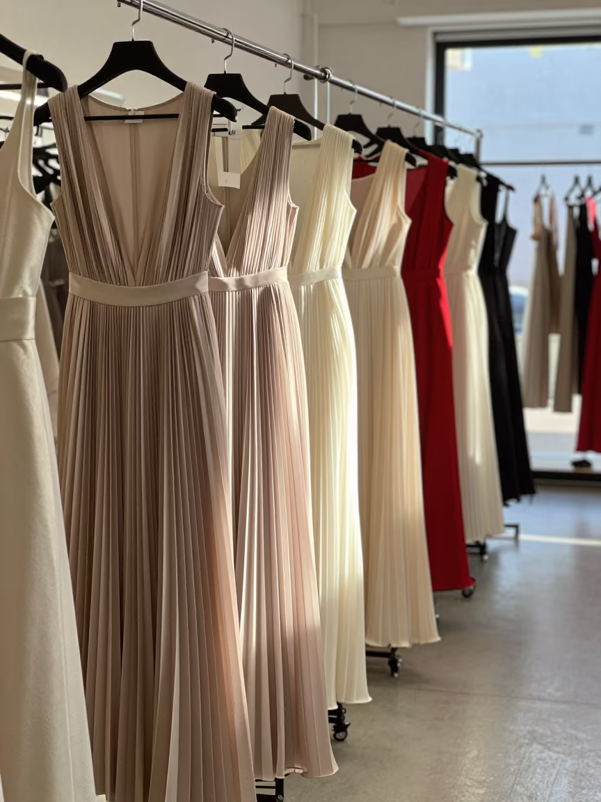 Pleated Dresses in Winter Atelier Sidelight in inside a couture atelier near Puerto Madryn