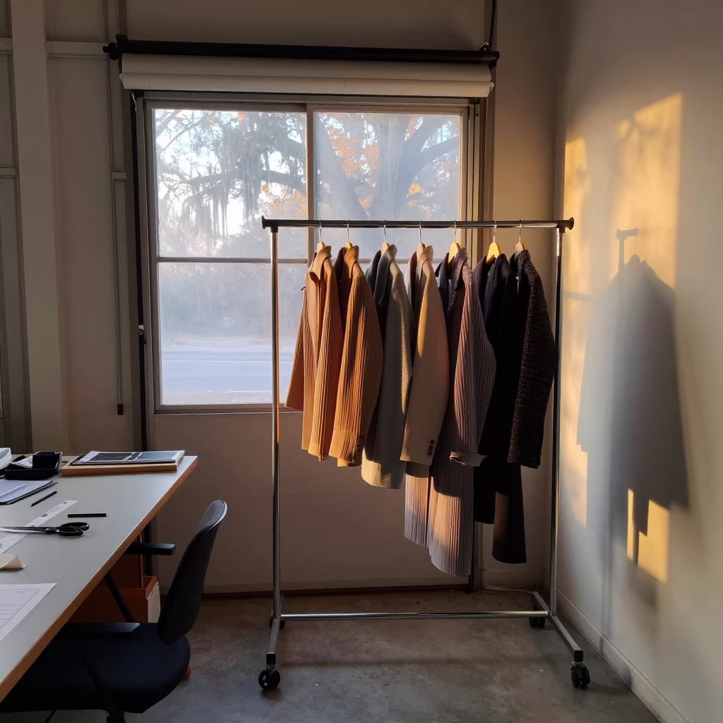 Pleated Garments on Rack by Fogged Warehouse Door in at a tailoring table strewn with chalk and shears near Savannah