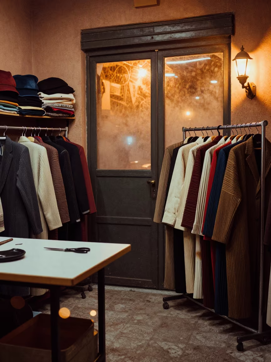 Pleated Garments on Rack in Marrakesh Atelier in at a tailoring table strewn with chalk and shears in Marrakesh