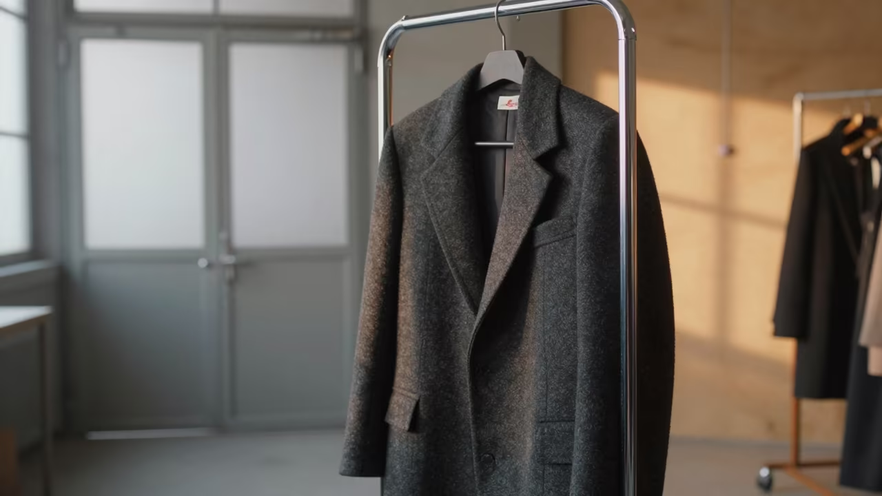 Pleated Outerwear on Rack in Atelier in inside a couture atelier in Vaughan