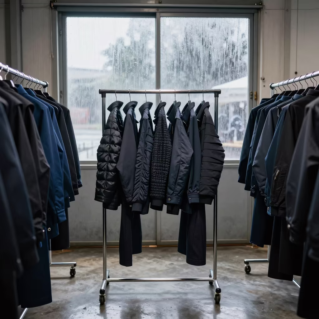 Pleated Outerwear Rack in Fogged Warehouse Door Light in in a backstage changing corridor in San Salvador