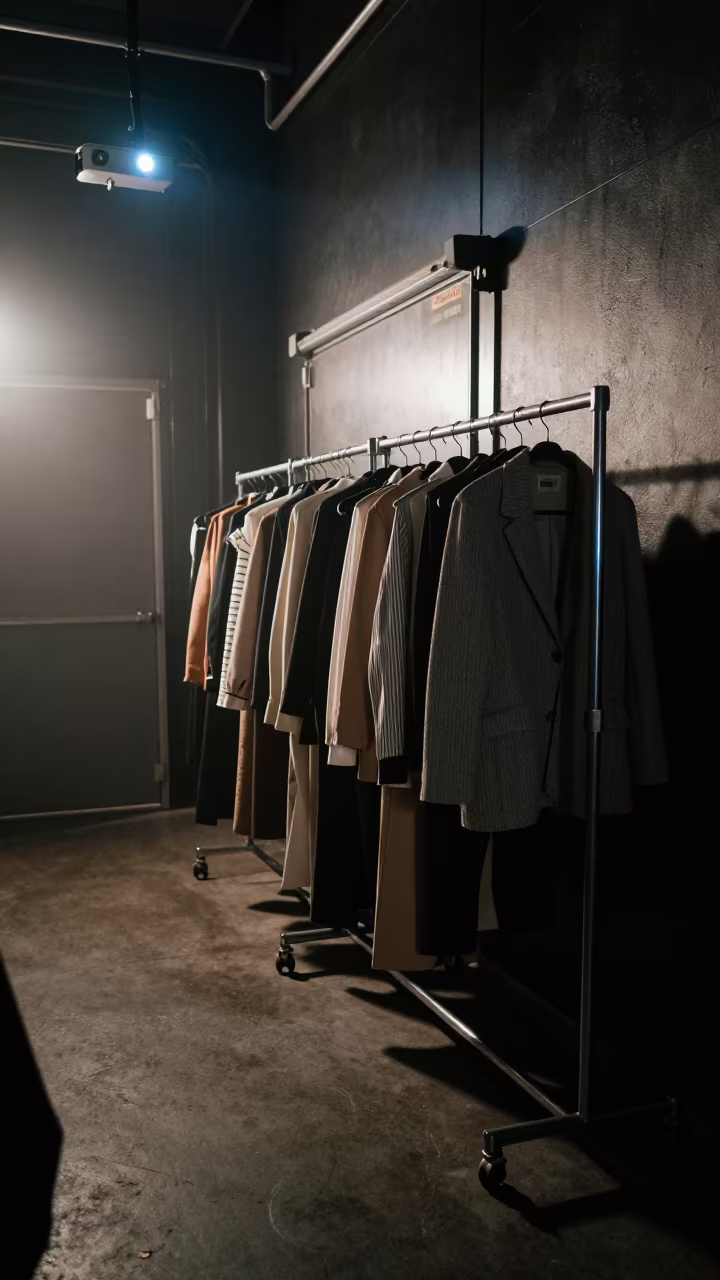 Pleated Outerwear on Rack by Fogged Door in in a backstage changing corridor in Ciego de Ávila