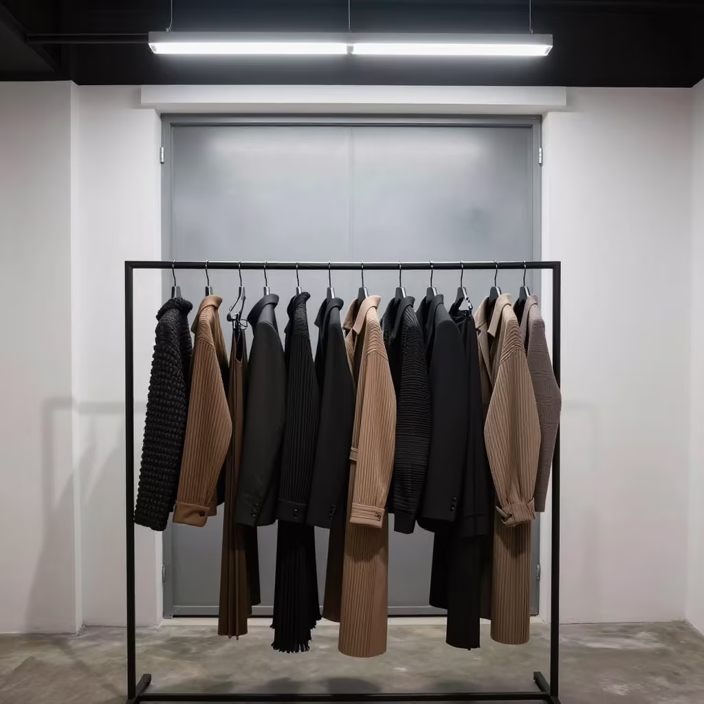 Pleated Outerwear Rack in Midnight Showroom in inside a minimalist showroom in Pereira