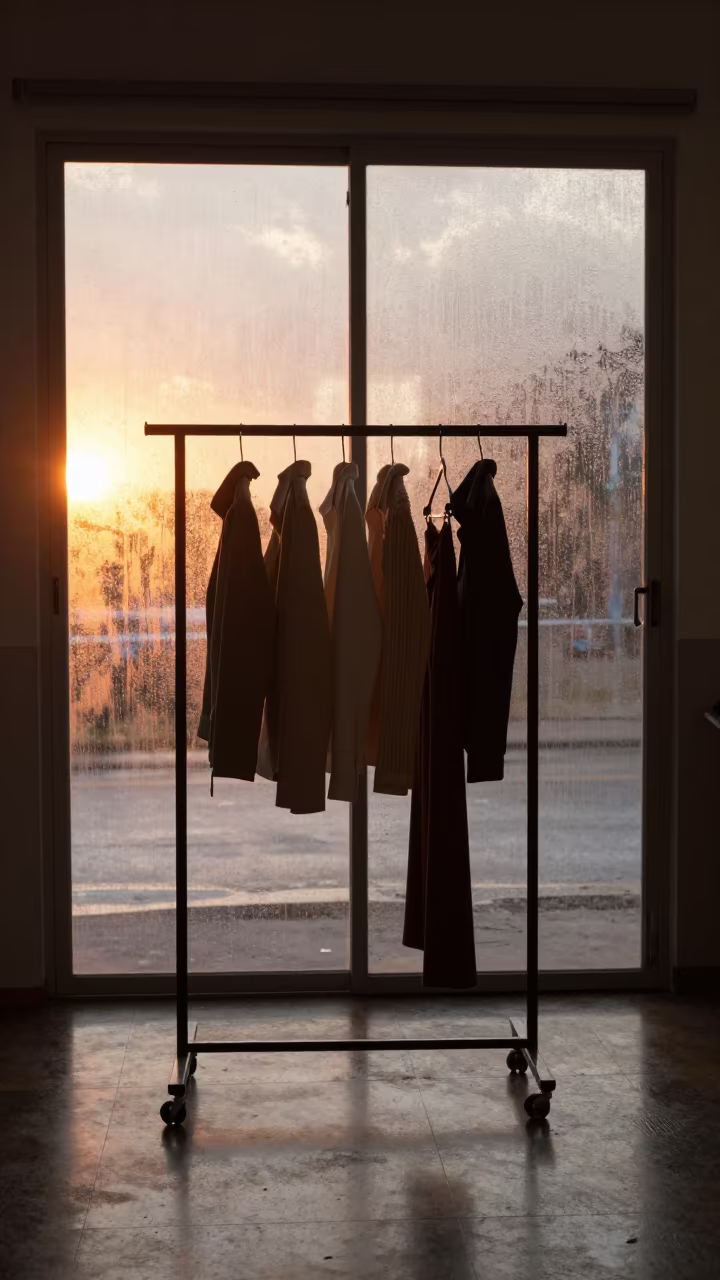 Pleated Outerwear on Rack in Sao Luis Atelier in inside a couture atelier in Sao Luis