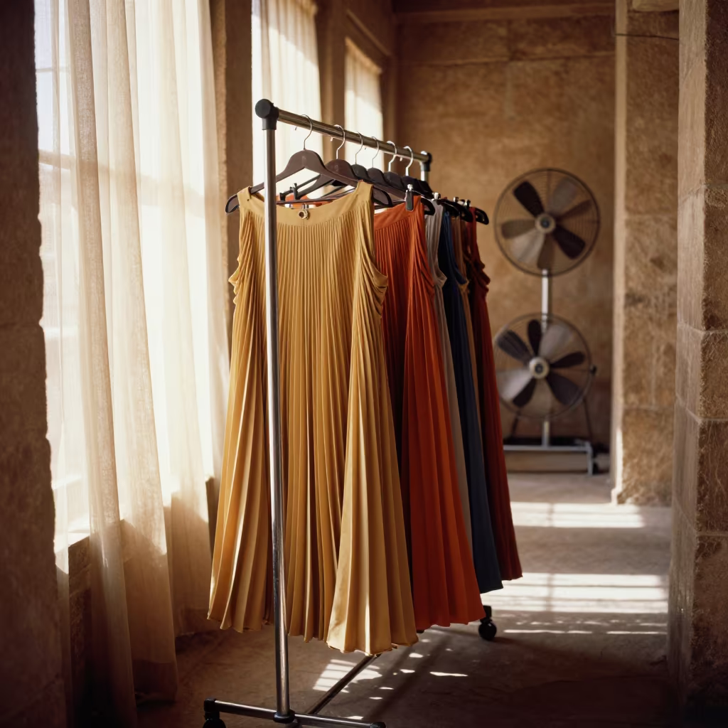 Pleated Skirts Backstage Jaisalmer Morning Light in in a backstage changing corridor in Jaisalmer