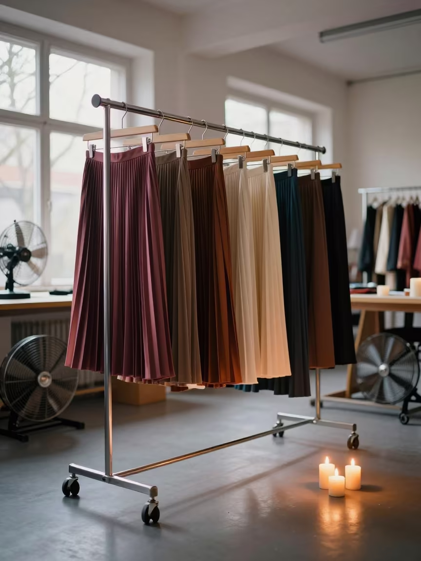 Pleated Skirts on Rack in Frankfurt Atelier in inside a couture atelier in Frankfurt
