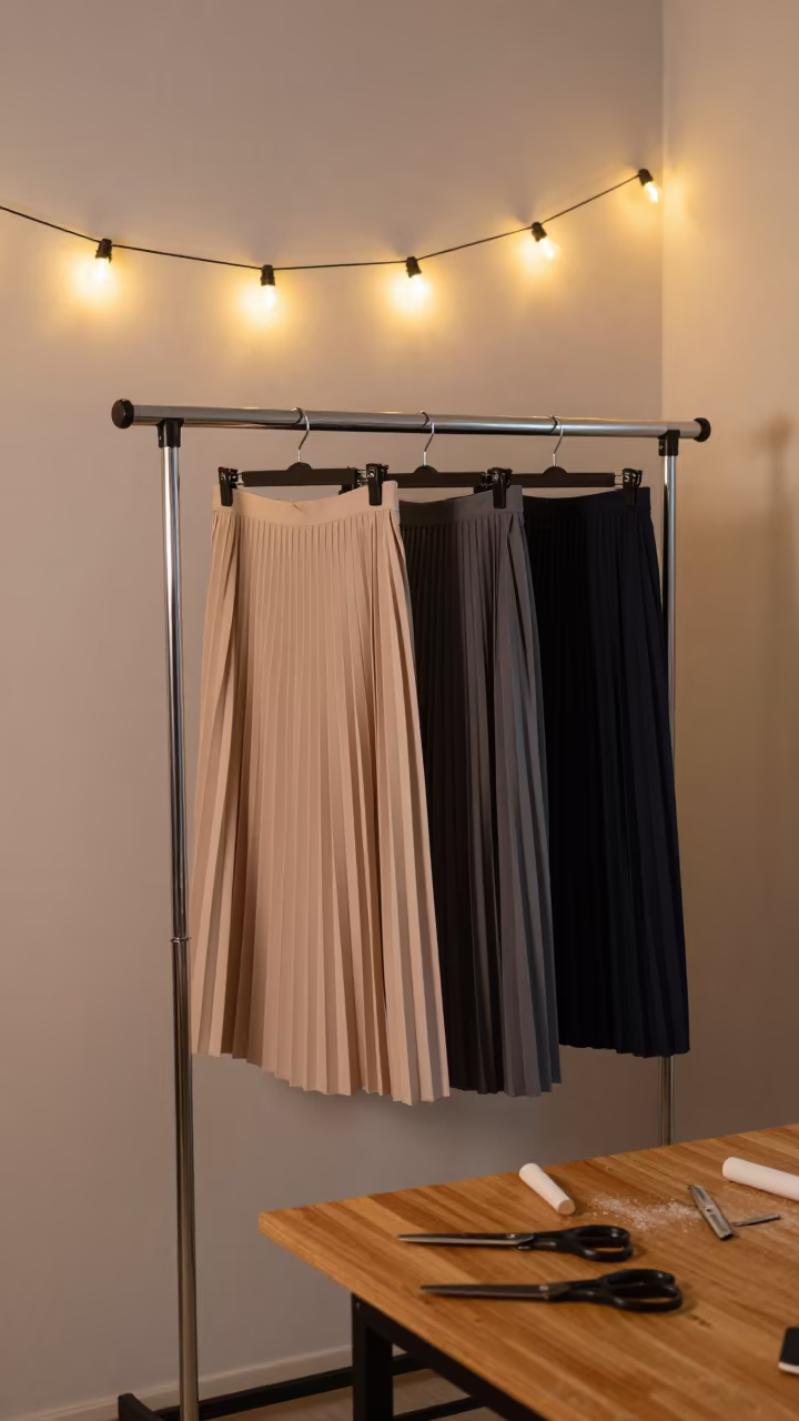 Pleated Skirts on Rack in Tailoring Room in at a tailoring table strewn with chalk and shears in Tuzla