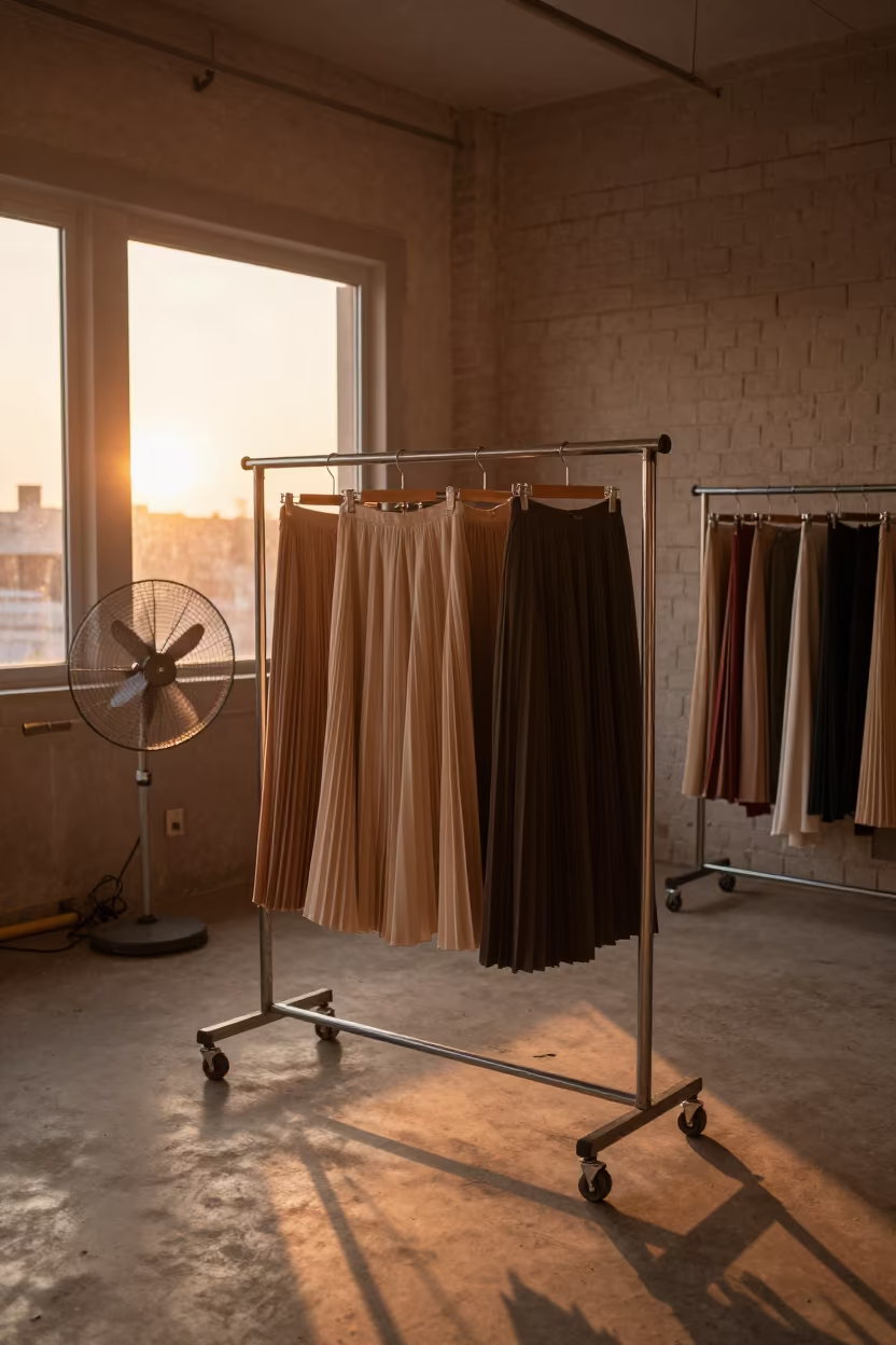Pleated Skirts Sunset Light Coutelier Atelier in inside a couture atelier near Rajshahi