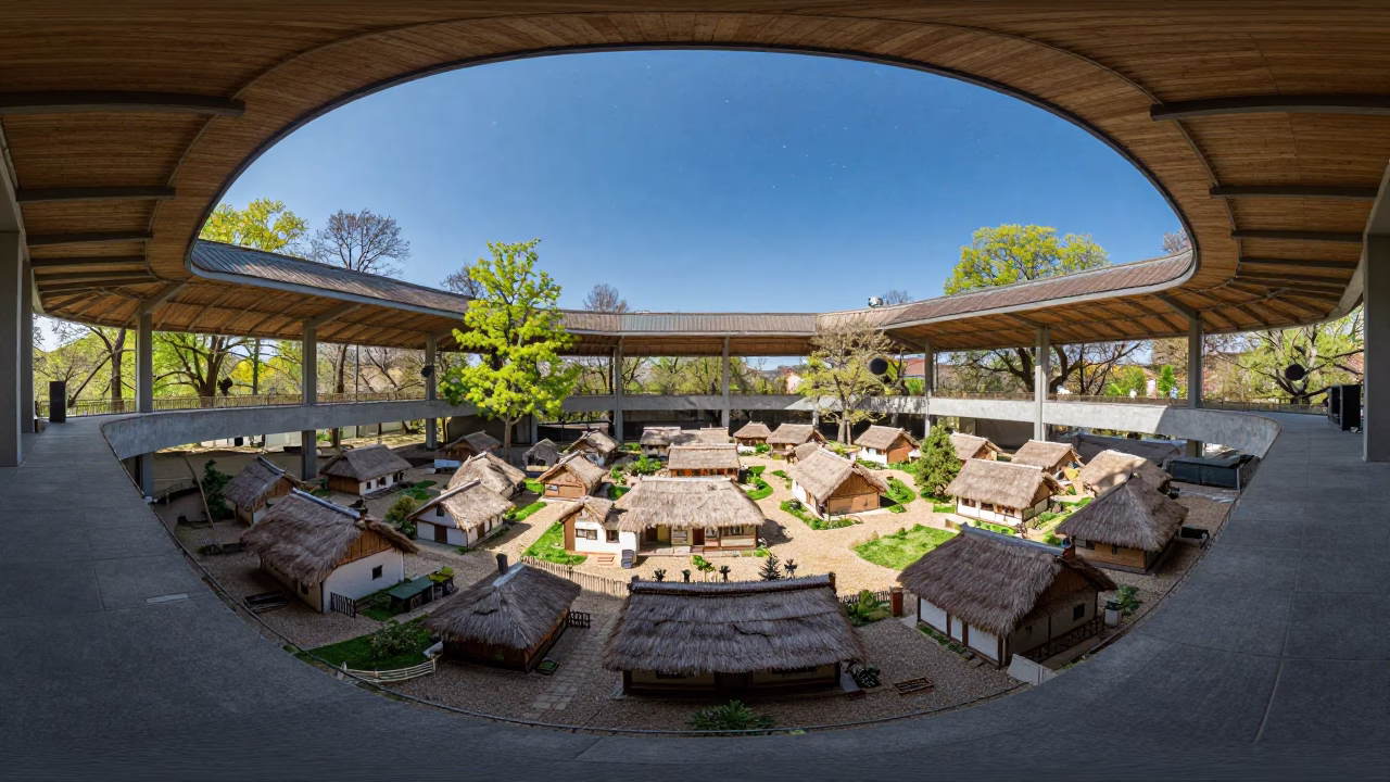 Pleiades Cluster Over Thatched Village in Rudny Atrium in inside a vaulted atrium in Rudny
