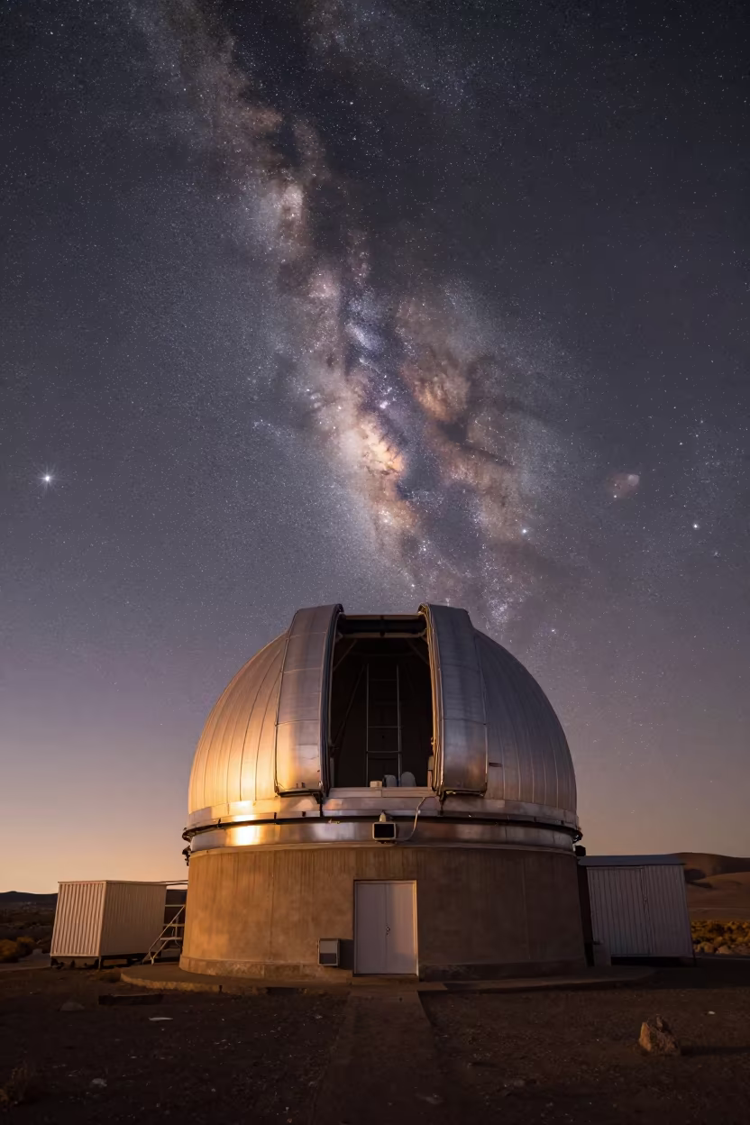 Pleiades Star Cluster Over Peru Observatory Dome in at a remote field station in Peru