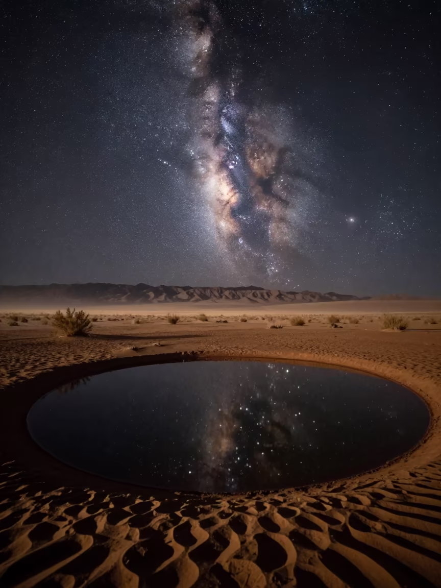 Pleiades Star Cluster Reflecting in Desert Oasis in across a wide valley floor in Nevada