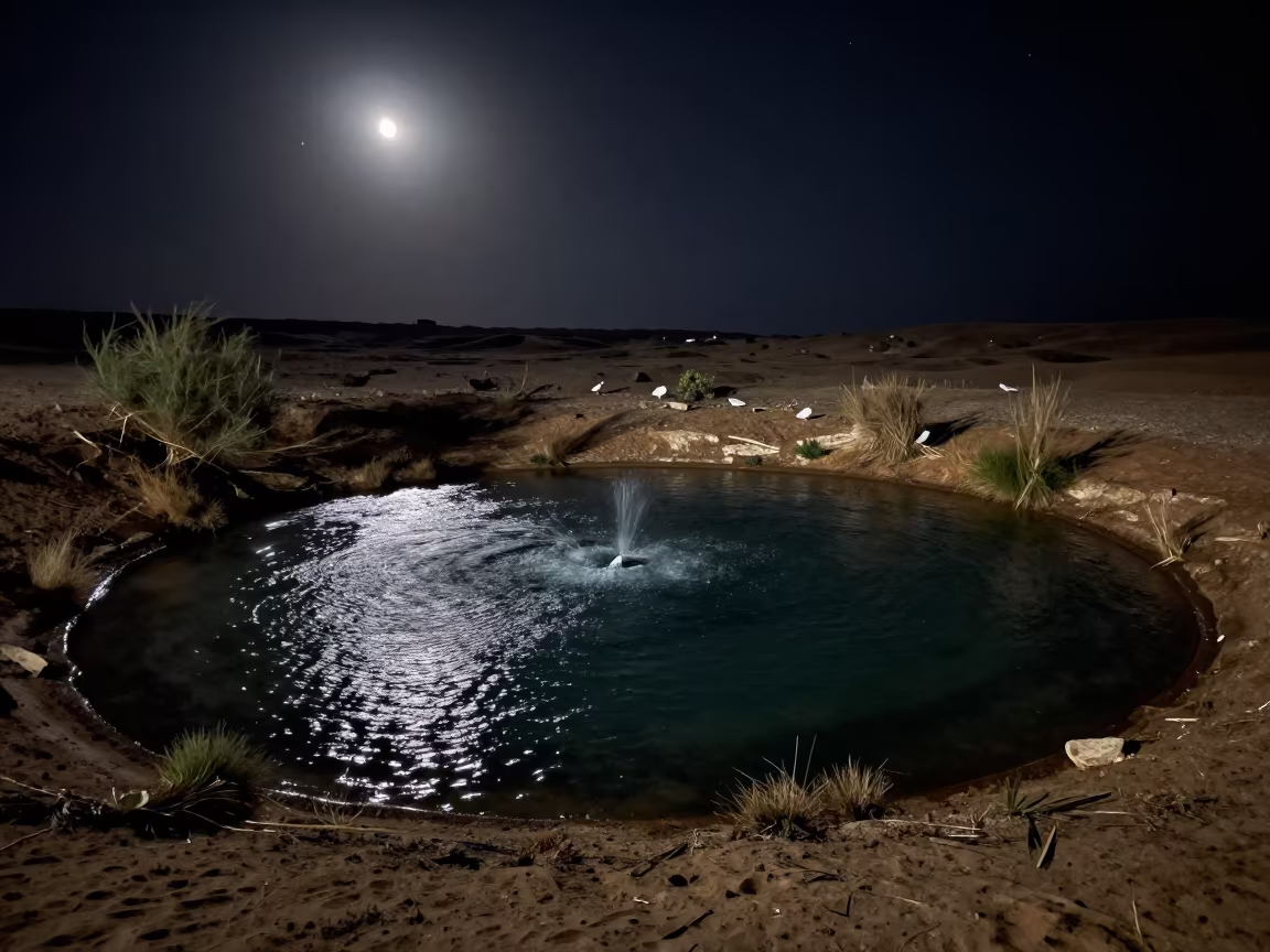 Pleiades Reflection in Desert Oasis Night in along a wave-cut shoreline near Amman