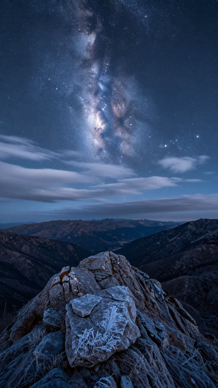 Pleiades Star Cluster Through Cirrus Clouds in at a rocky saddle overlooking a mountain valley near Shimla