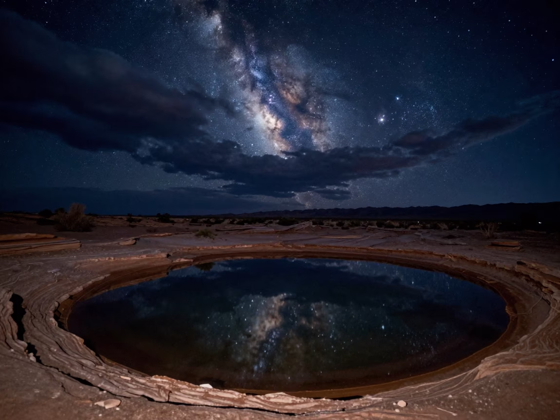 Pleiades Stars Reflect in Nevada Desert Oasis Pool in along a wave-cut shoreline in Nevada