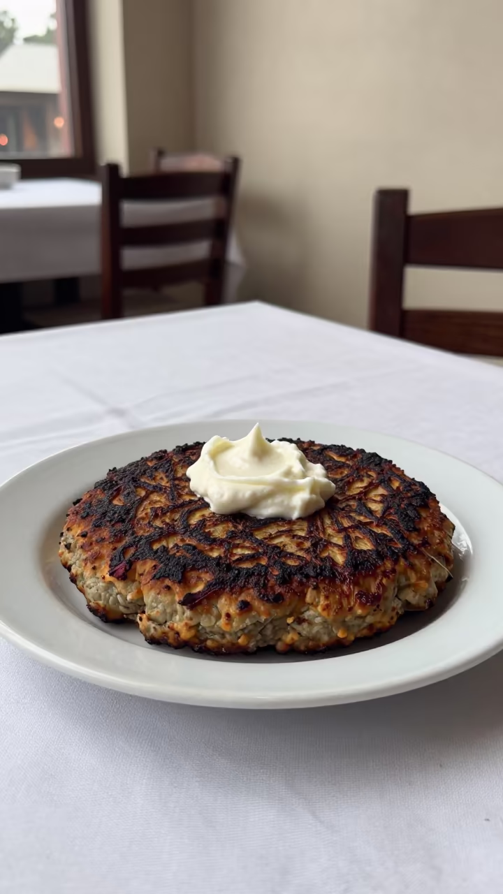 Pljeskavica with Kajmak on Linen Table in on a linen-covered restaurant table in Bahir Dar