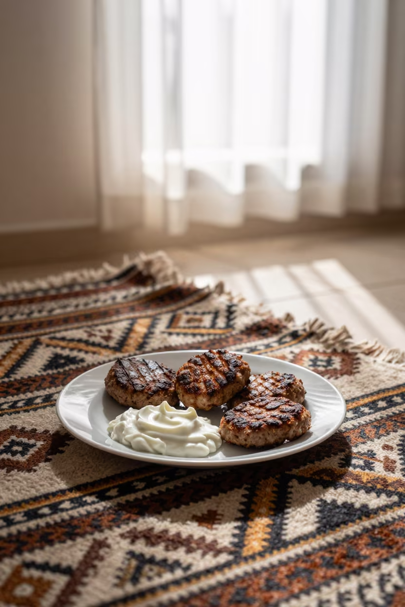 Pljeskavica with Kajmak on Picnic Blanket in Lashkar Gah in on a picnic blanket in Lashkar Gah