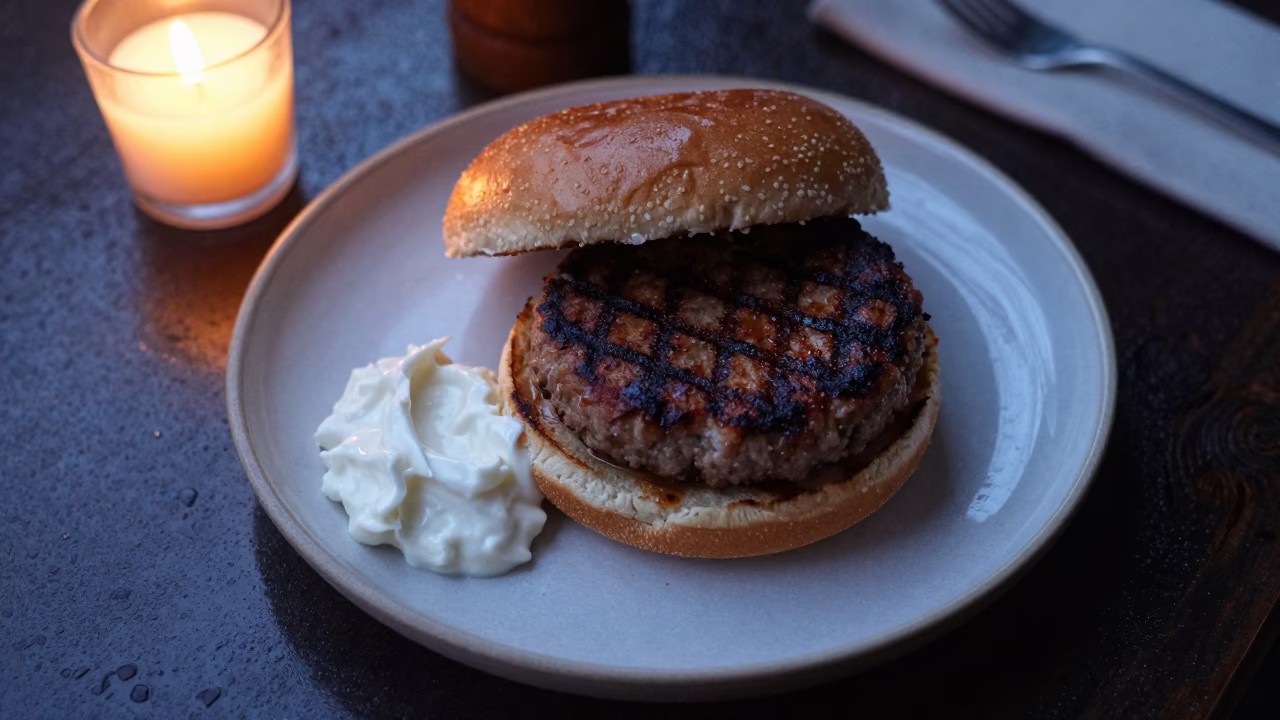 Pljeskavica and Kajmak Plate by Window in on a ceramic plate by a window in Vitoria